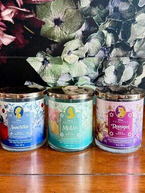 NEW 3-Pc DISNEY PRINCESS Single Wick Candles Bath & Body Works TRIO